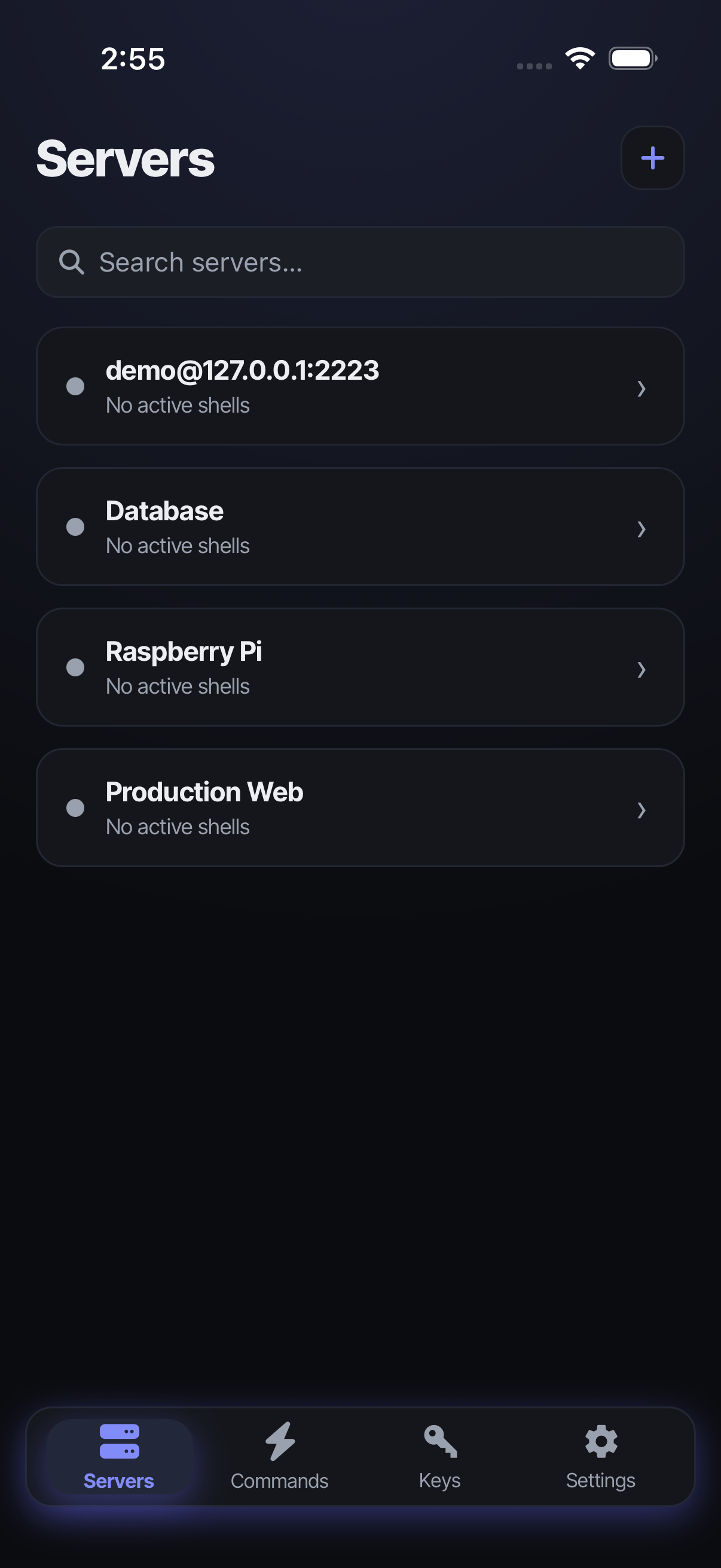 Servers tab — saved hosts with live session status