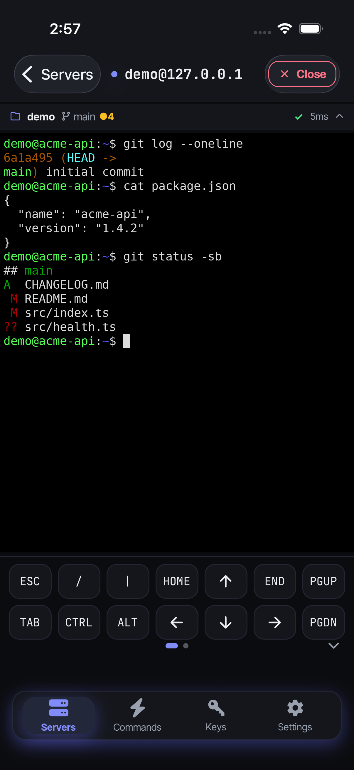 Live terminal — a real SSH session
